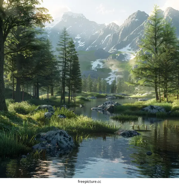 Golden sunlight reflects off the river running through the forest