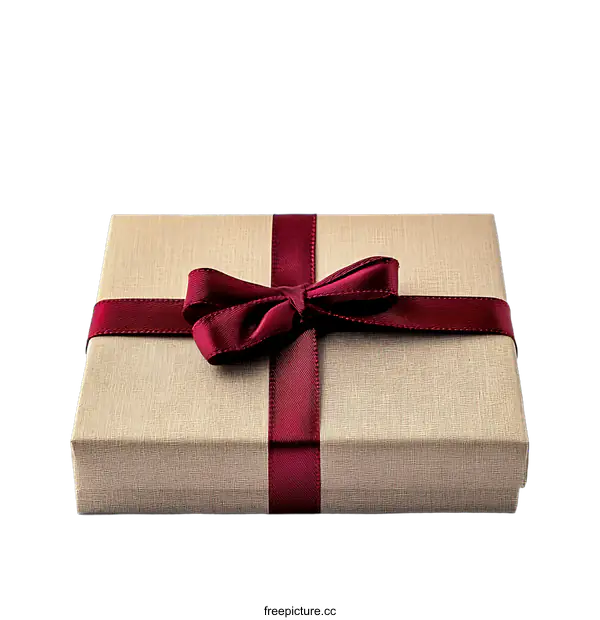 [Transparent Background PNG]Beige Gift Box with Burgundy Ribbon