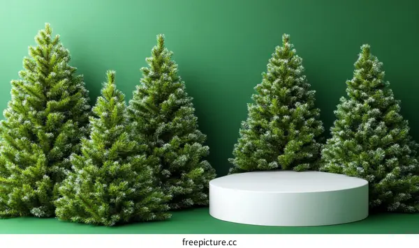 Christmas Scene with Snowy Trees and Podium