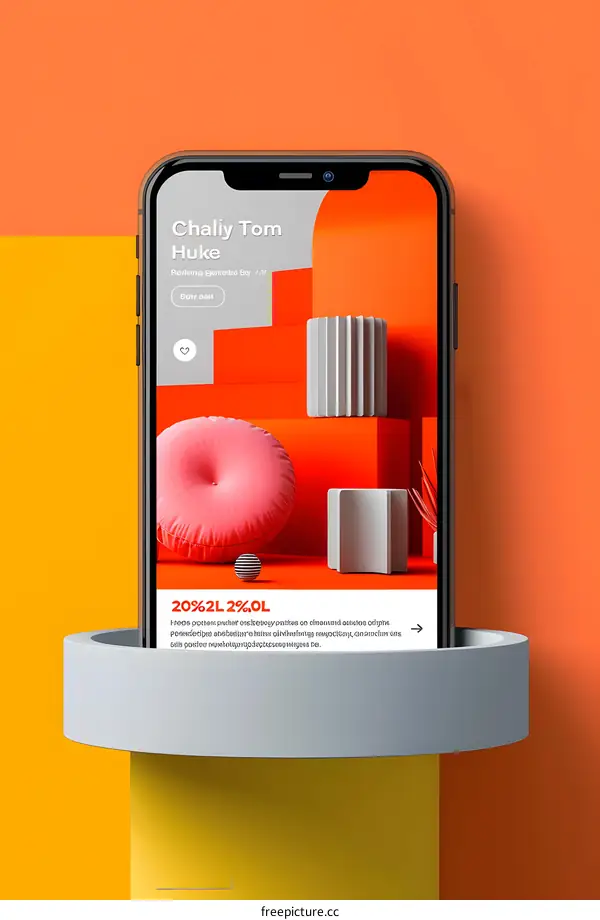 Mobile Phone Mockup with Geometric Shapes and Discount Offer