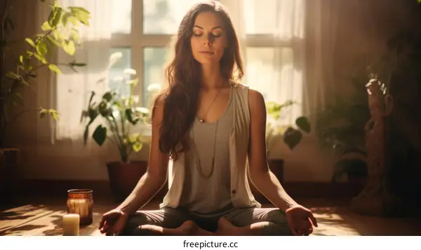 Young Woman Meditating with Closed Eyes and Hands in Prayer Position