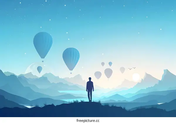 Silhouette of Man Watching Hot Air Balloons Over Mountain Range
