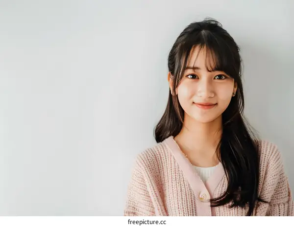 Portrait of a Smiling Asian Woman in a Pink Sweater