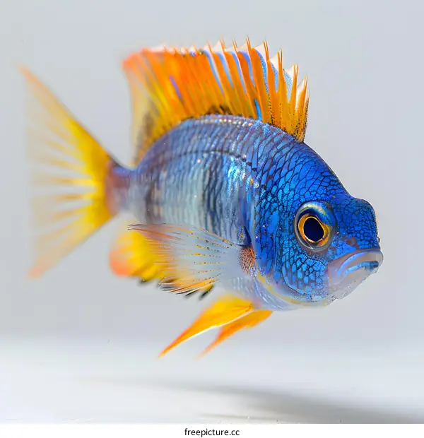 Electric Blue and Yellow Fish on White Background