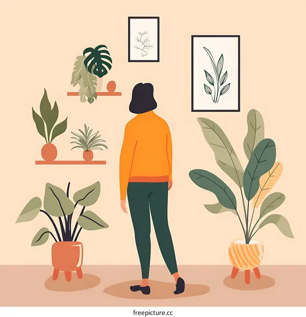 Woman Looking at House Plants in a Room with a Shelf