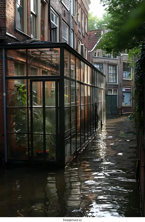 Flooded Alleyway with Glass Greenhouse