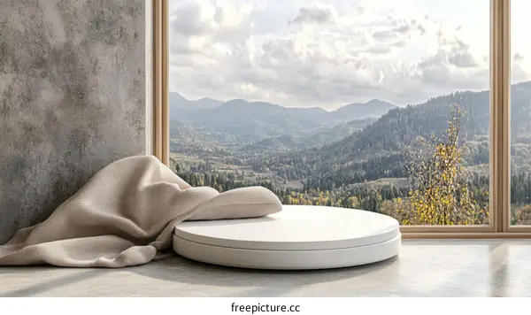 Empty Round Display Podium with Scenic Mountain View