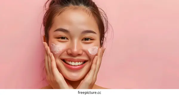 Smiling Woman Applying Face Cream on Pink Background