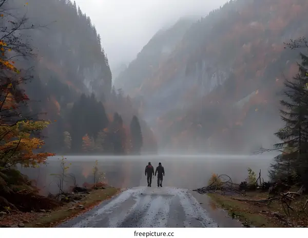 Two Hikers Walking on a Foggy Path Through the Autumn Mountains