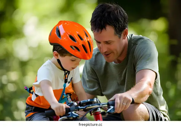 Father Teaching Son to Ride a Bike