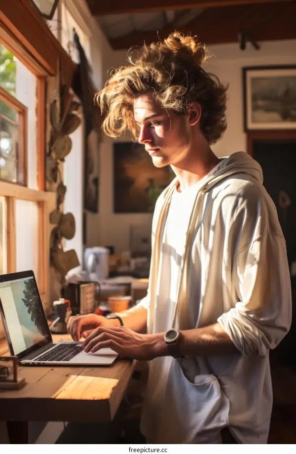 Young male student using laptop in home