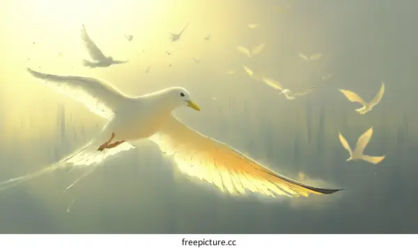 White Birds Flying in the Sunlight