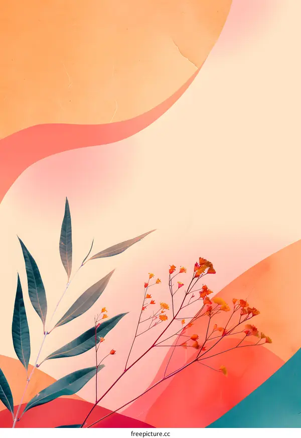 Abstract Minimalist Background With Green Leaves And Orange Flowers