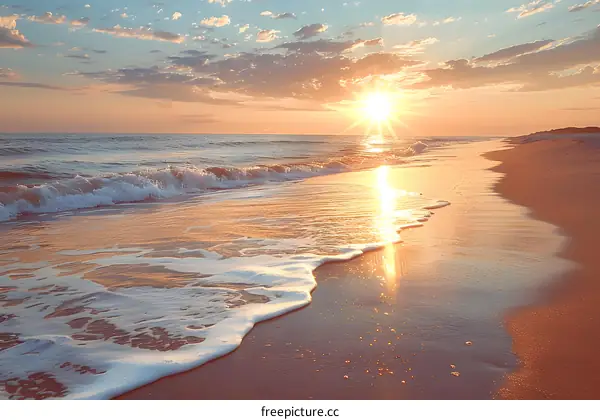 Sunset Beach with Golden Sand and Waves