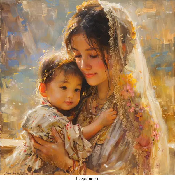 An oil painting of a mother and her child