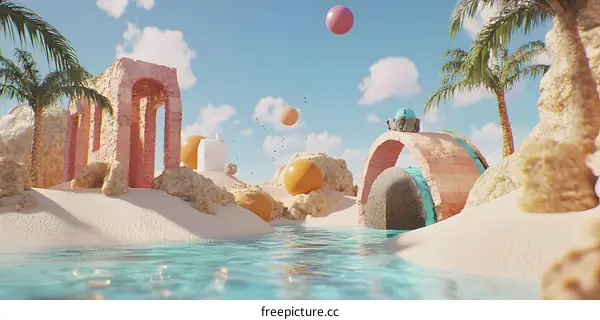 3D Illustration of a Surreal Beach Scene with Abstract Architecture and Floating Spheres