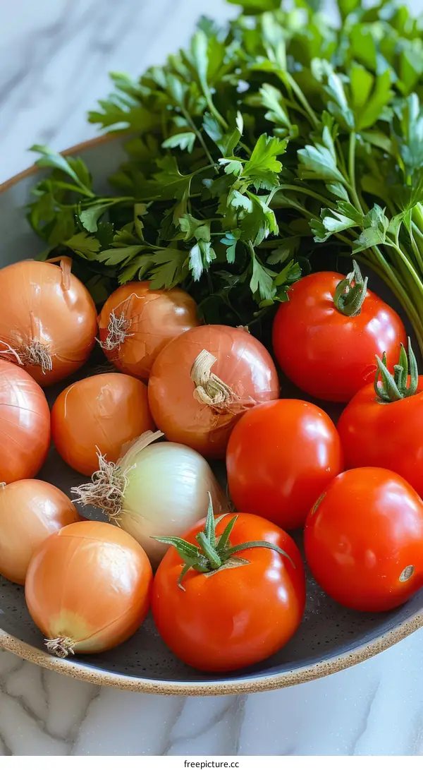 Fresh Red Tomatoes, Brown Onions, and Green Parsley in a Bowl