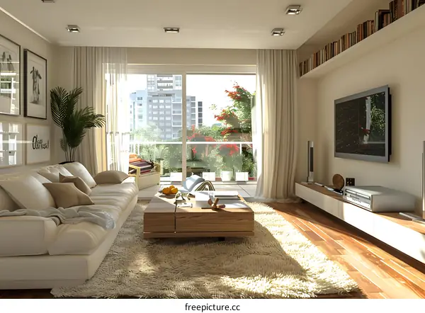 Modern Living Room Interior Design with White Sofa and Wooden Coffee Table
