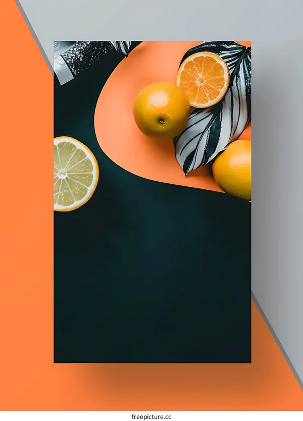 Orange Slices and Green Leaves on Colorful Background with Text