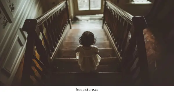 Little girl in a white dress walking up the stairs