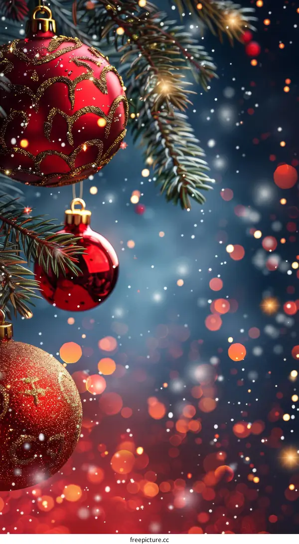 Red and Gold Christmas Ornaments on Fir Tree Branch