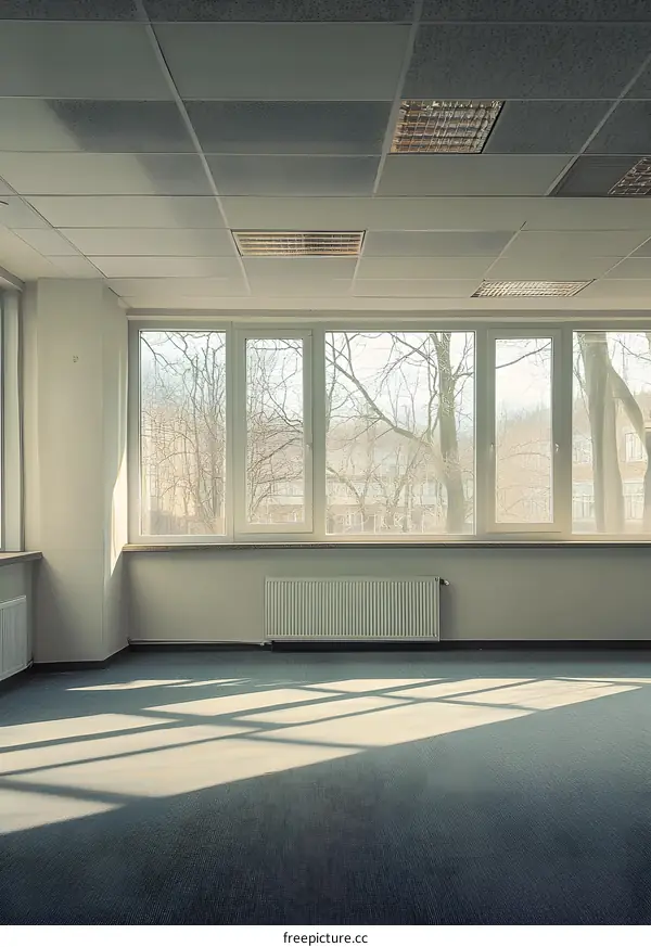 Empty Office Room With Large Windows and Sunlight Streaming In