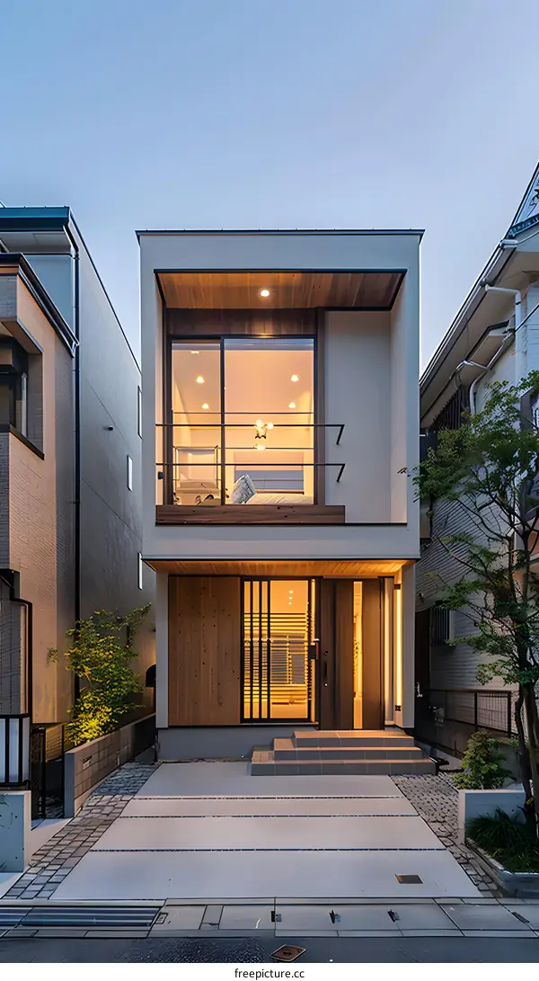 Modern Minimalist House with Wooden Accents and Balcony