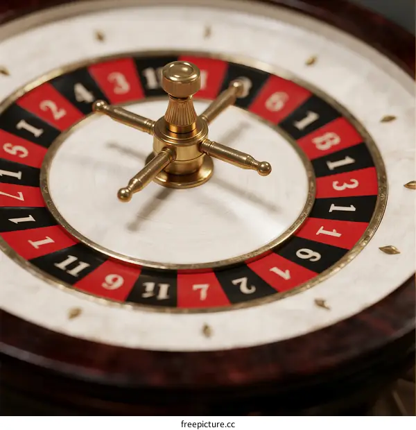 Close-up view of a traditional casino roulette wheel