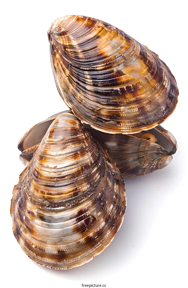 Three fresh clams on white background