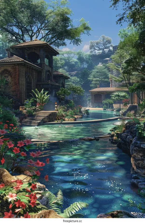 Fantasy landscape with a river running through it and a house on the side