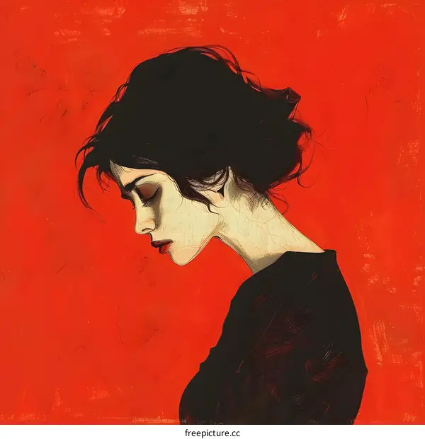 A painting of a woman with black hair and red lips