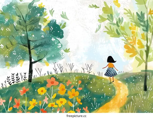 Girl Walking in a Spring Meadow