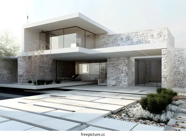 Minimalist Modern Architecture Home Design with Stone Walls and  Patio