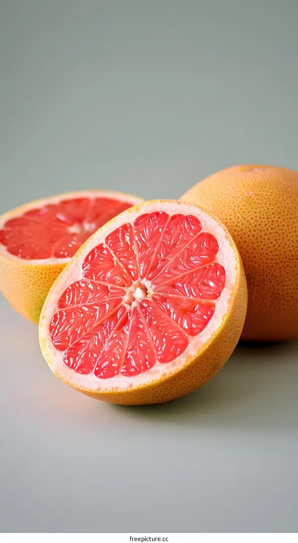 Fresh Cut Pink Grapefruit on a Gray Surface