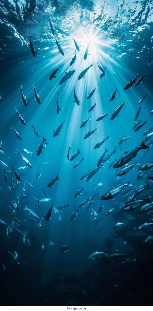 Underwater photography of a school of fish swimming in the ocean
