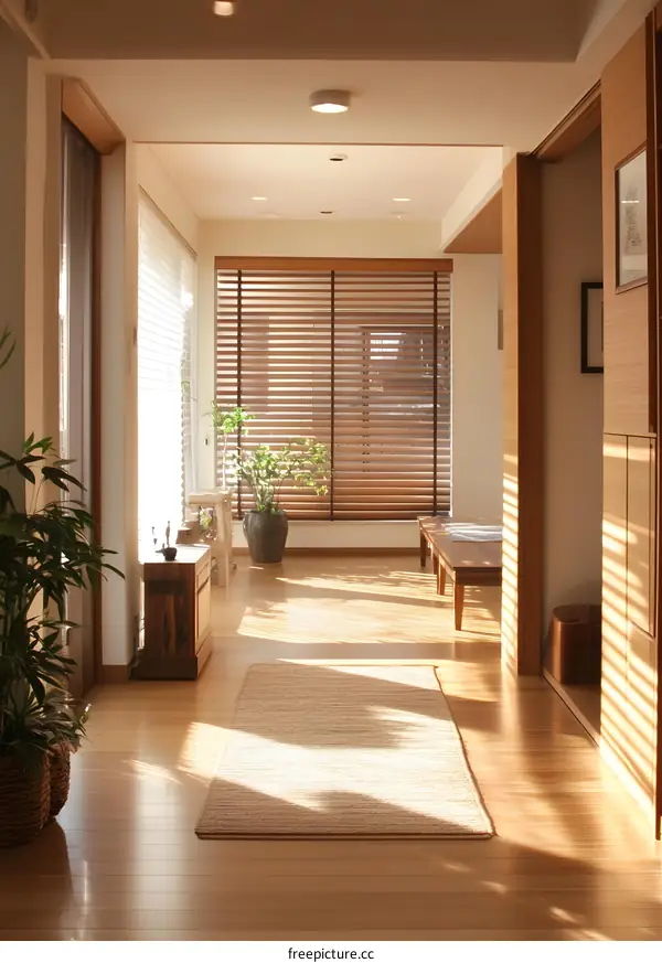 Modern Minimalist Home Interior Design With Wooden Floor And Blinds