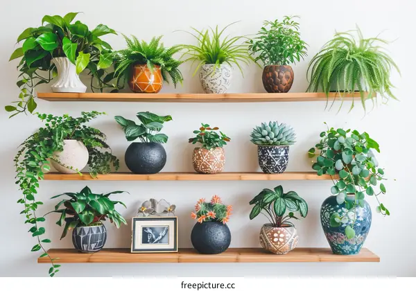 A collection of various houseplants on wooden shelves against a white wall