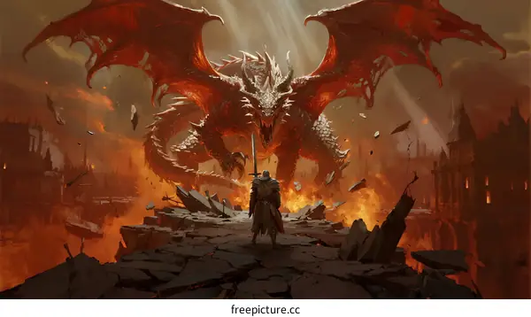 Epic Battle Between Warrior and Majestic Red Dragon in Ruined City
