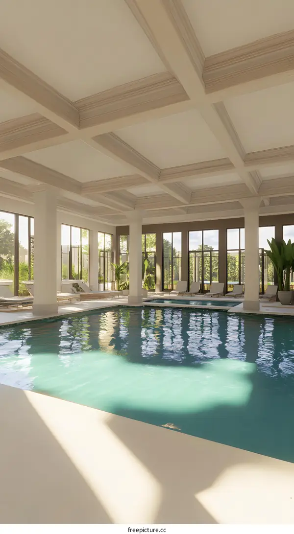 Indoor Swimming Pool With White Columns And Coffered Ceiling
