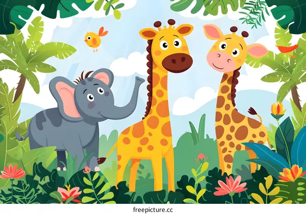 Cute Cartoon Elephant Giraffe Jungle Animals Illustration