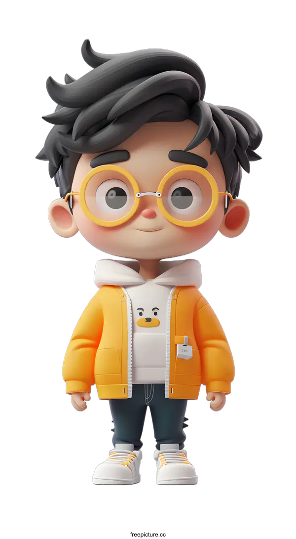 [Transparent Background PNG]Cute Cartoon Boy Wearing Yellow Jacket and Glasses