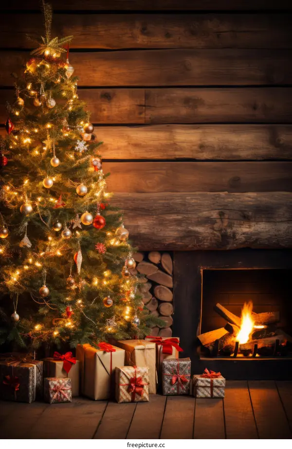 Christmas tree in a wooden cabin