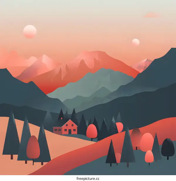 Sunset Mountain Landscape with Red House and Trees