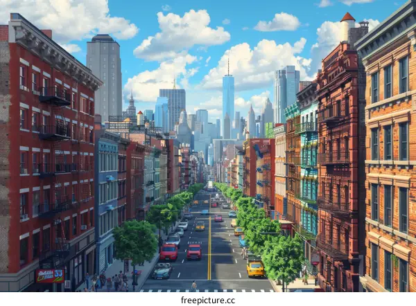 A bustling street in New York City with people crossing the road and cars driving by