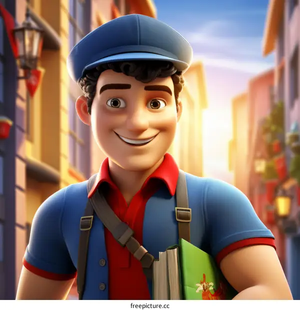 Postman delivering letters on a sunny day in a small town