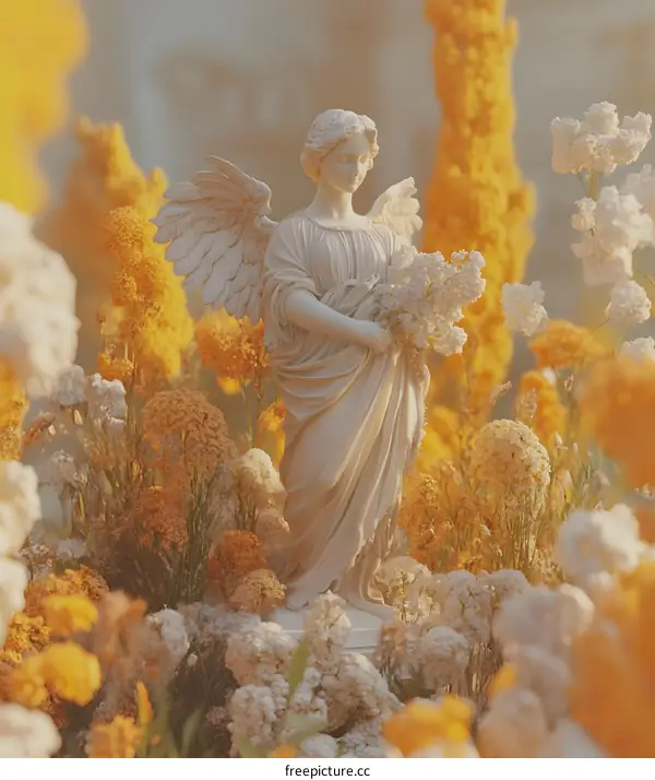 Angel Statue in a Flower Garden with Soft Light