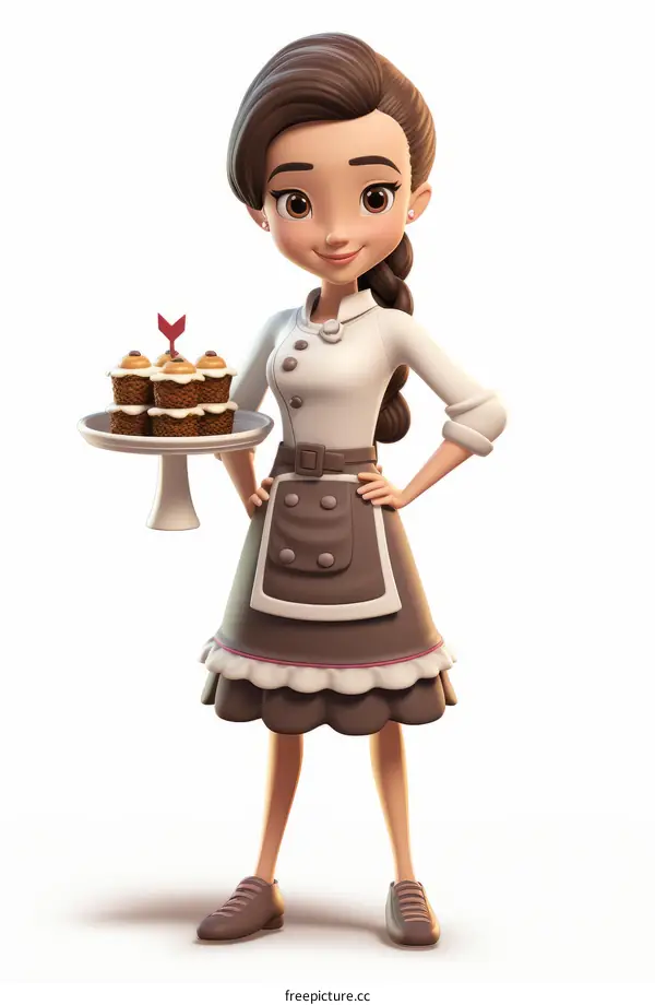 A baker girl holding a plate of cupcakes