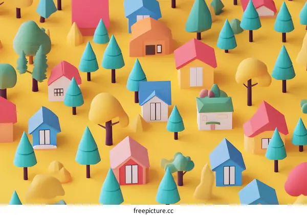 Colorful 3D Illustration of a Miniature Town with Houses and Trees