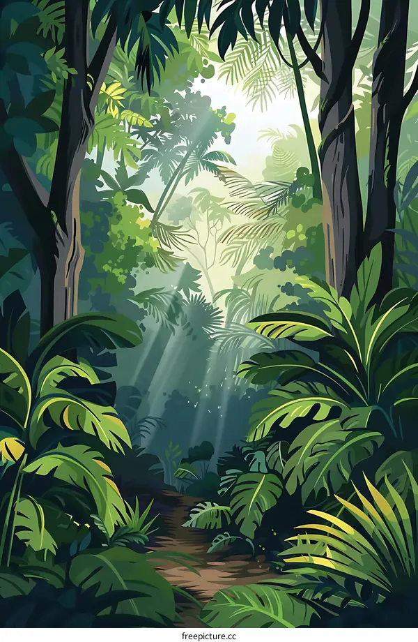 Jungle Path With Sun Beams Illustration