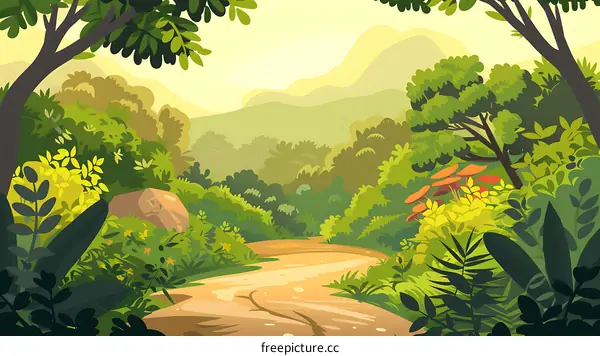 Cartoon illustration of a pathway through a lush green forest